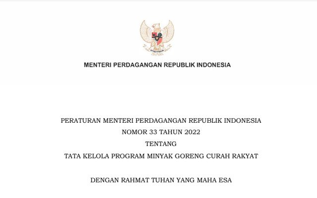 RMT Number 33/2022 regarding Bulk Palm Cooking Oil